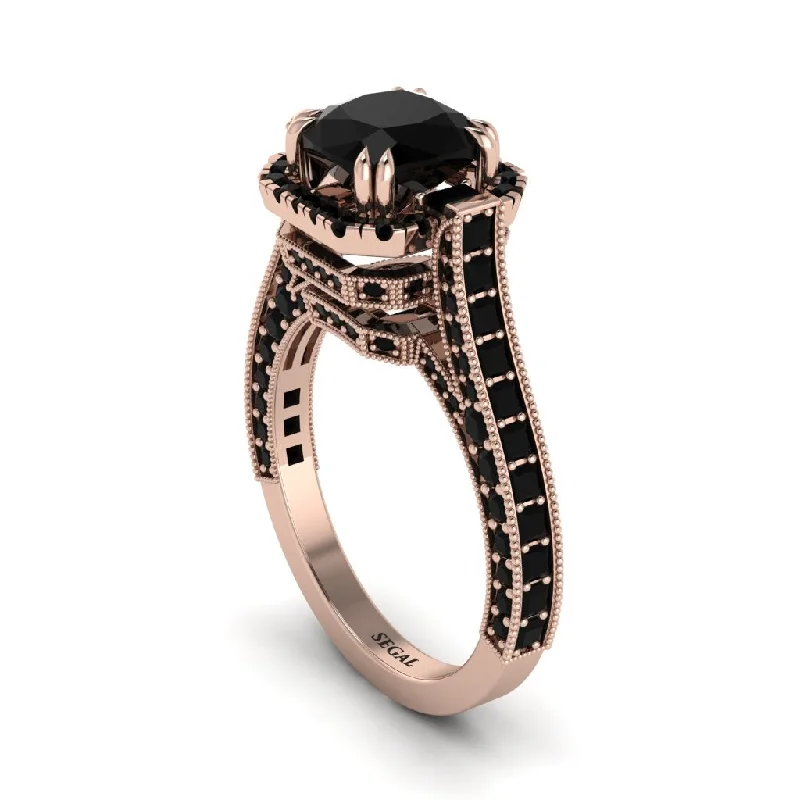 engagement-princess-cut-pearl-ring-Black Diamond Three Halo Milgrain Engagement Ring - Mira No. 38