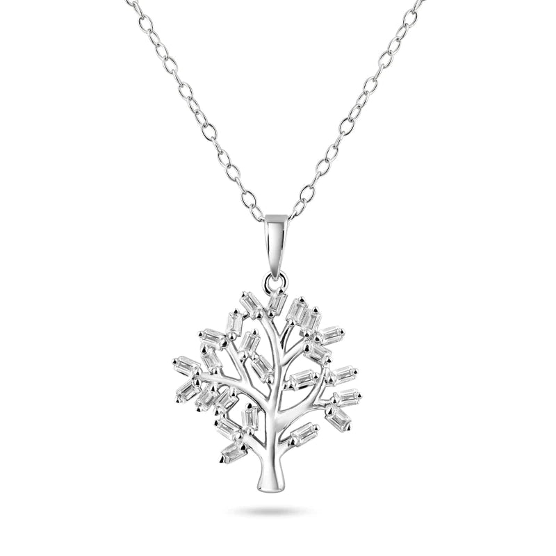 Ladies necklaces fun strands -Silver 925 Rhodium Plated Tree of Life Clear CZ Baguette Pendant Necklace