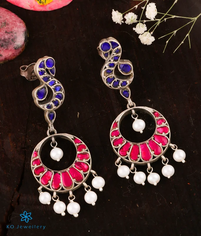 ladies-elegant-pearl-earrings-The Yavanika Silver Peacock Kundan Earrings