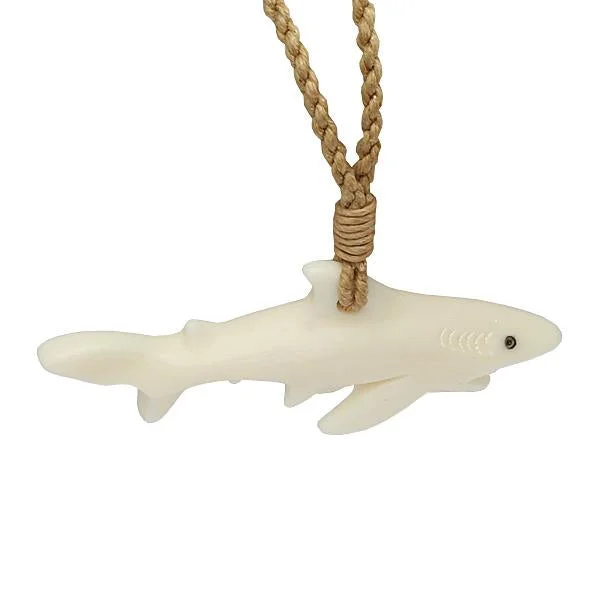 Ladies necklaces for vloggers -Buffalo Bone Shark Necklace Brown Cord 53x20mm