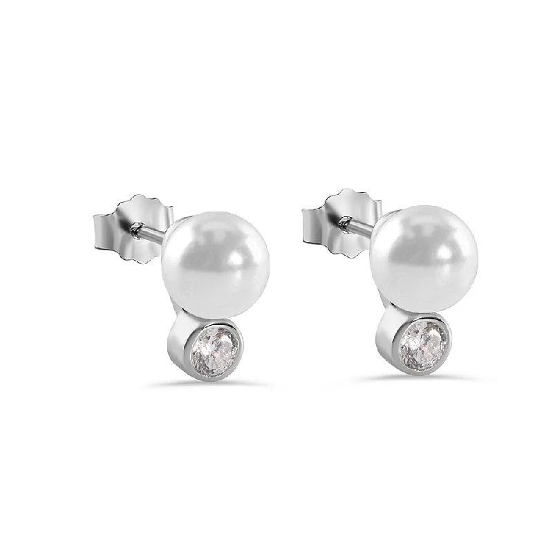 ladies-fashion-rose-gold-earrings-Silver 925 Rhodium Plated Pearl Stud Earrings - STE00909