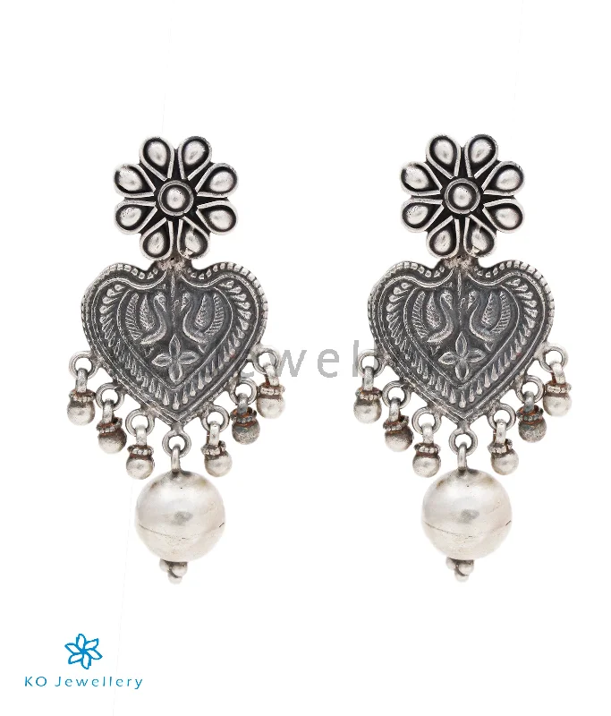 ladies-heart-drop-earrings-The Damini Silver Peacock Earrings (Oxidised)