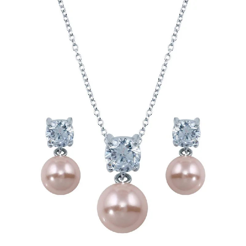 ladies-birthstone-silver-earrings-Rhodium Plated 925 Sterling Silver Pink Pearl Dangling Stud Earring and Necklace Set - STS00427