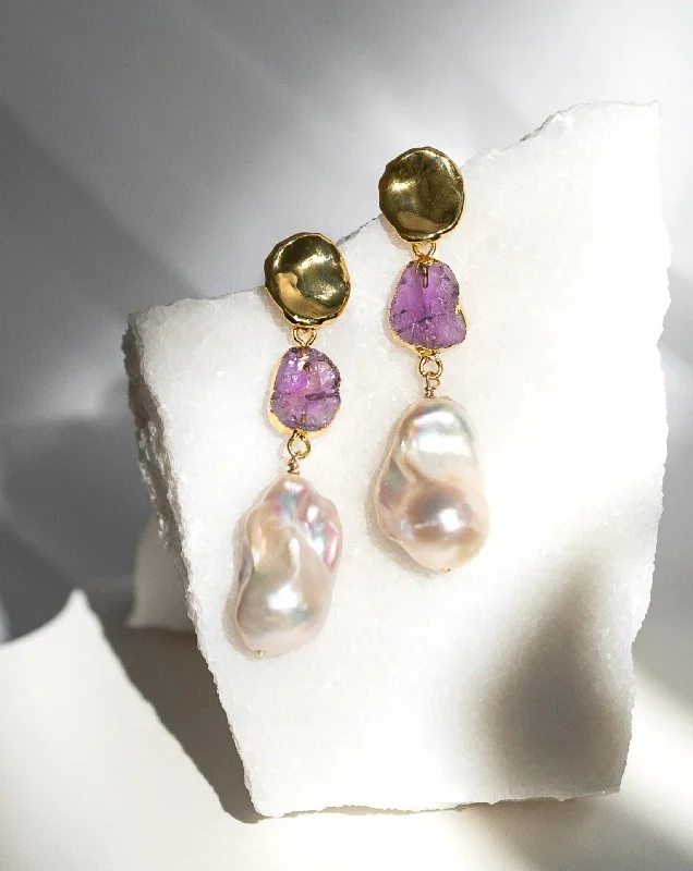 ladies-birthstone-silver-earrings-Feb | Amethyst Birthstones x Pearls Earrings