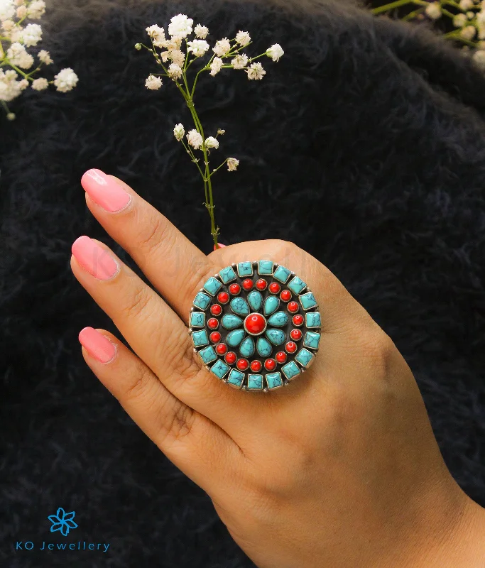 ladies-bridal-white-gold-rings-The Chitrani Silver Gemstone Cocktail Finger-ring (Coral/Turquoise)