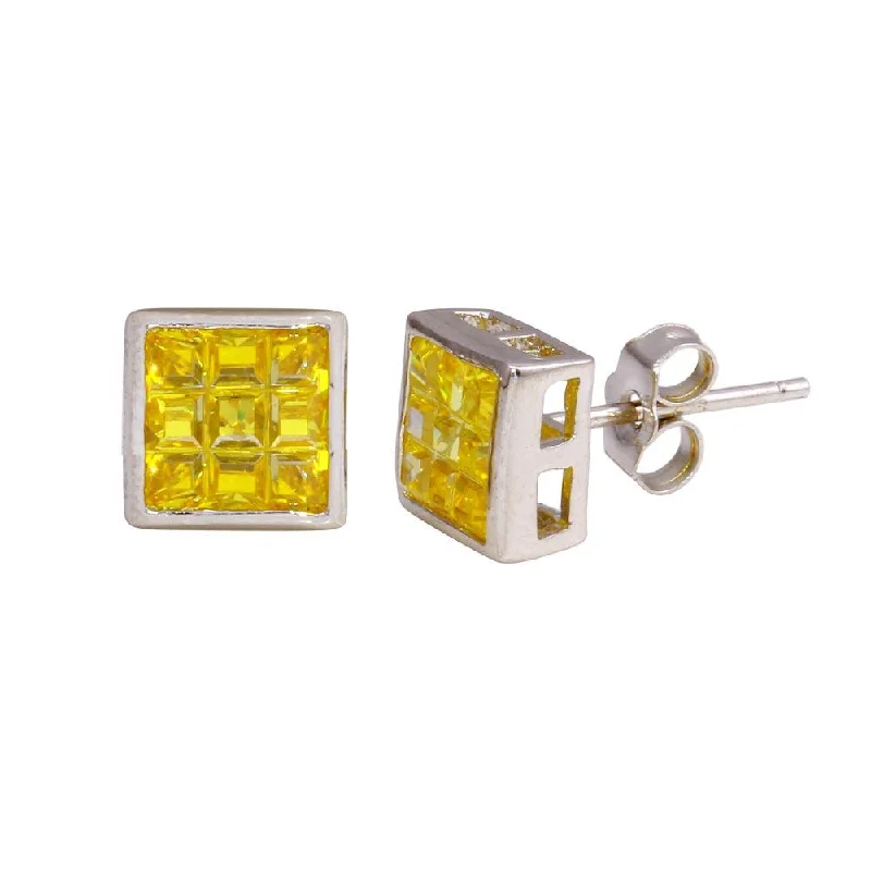 ladies-gemstone-silver-earrings-Final Price-Rhodium Plated 925 Sterling Silver Square DC Yellow CZ Stud Earring - STEM150-9MM