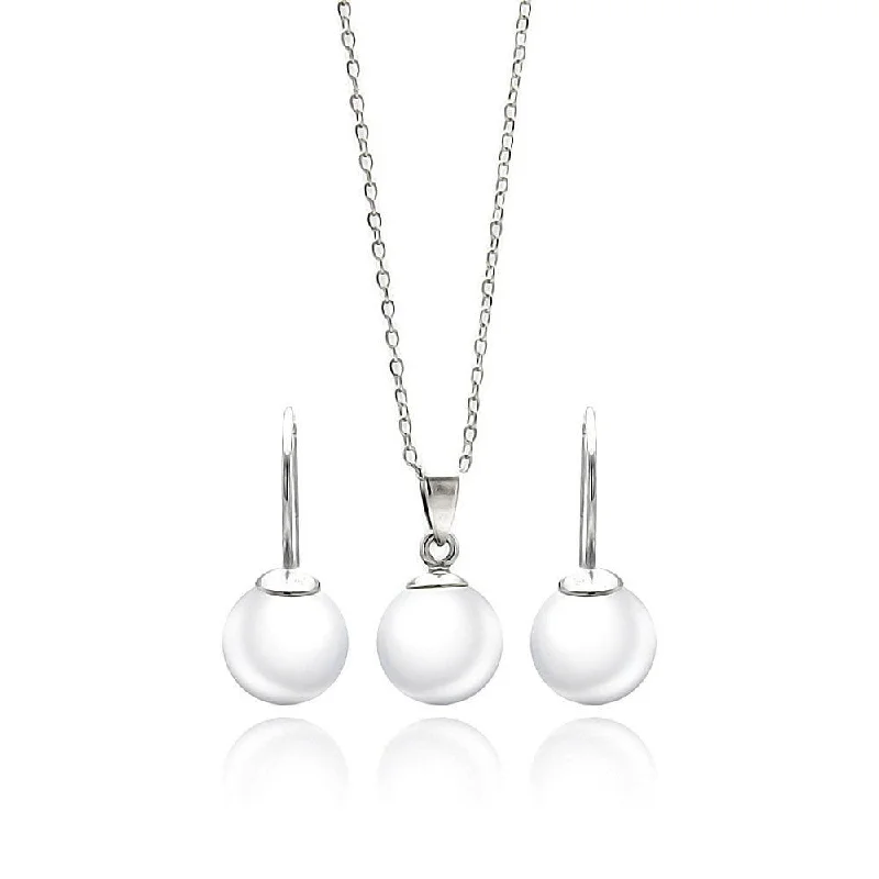 ladies-star-hoop-earrings-Silver 925 Rhodium Plated White Enamel Pearl Lever Back Earring and Necklace Set - STS00437