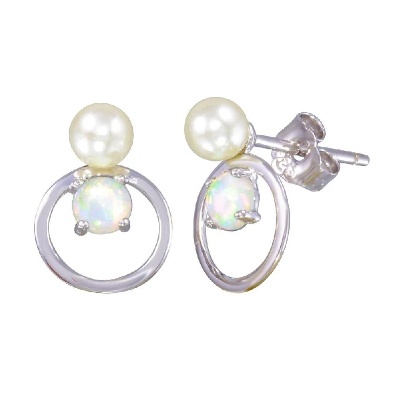 ladies-gift-gold-earrings-Rhodium Plated 925 Sterling Silver Open Circle Stud Earrings with Synthetic Pearl and Opal - STE01188