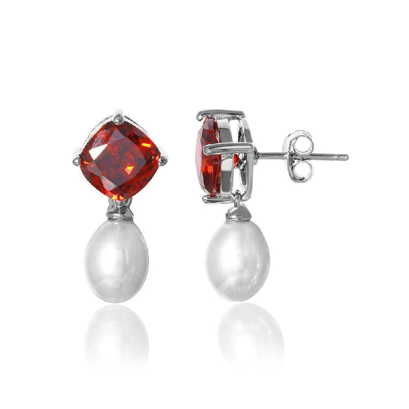 ladies-gift-gold-earrings-Silver 925 Rhodium Plated Round Red CZ Dangling Fresh Water Pearl Earrings - BGE00448RED