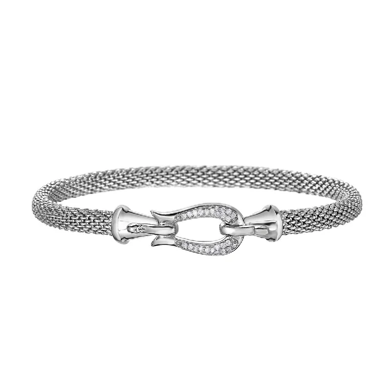 Ladies bracelets with black moonstone -STERLING SILVER BANGLE BRACELET WITH HORSESHOE CLASP AND DIAMONDS, .13 CT TW