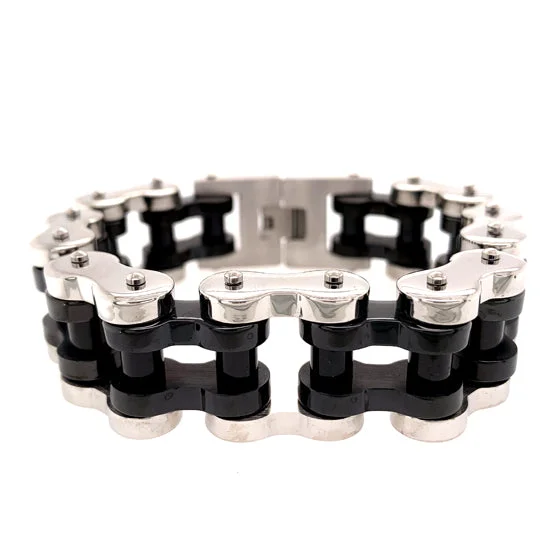 Ladies bracelets for spa days -Stainless Steel and Black Bike Chain Bracelet / WCB1015