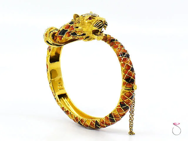 Ladies bracelets with vixen charms -Vintage Italian Tige Enamel Diamond Bangle Bracelet, 18K Yellow Gold