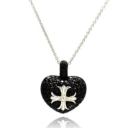 Ladies necklaces for getaways -Silver 925 Rhodium Plated Black Heart with Silver Cross Necklace