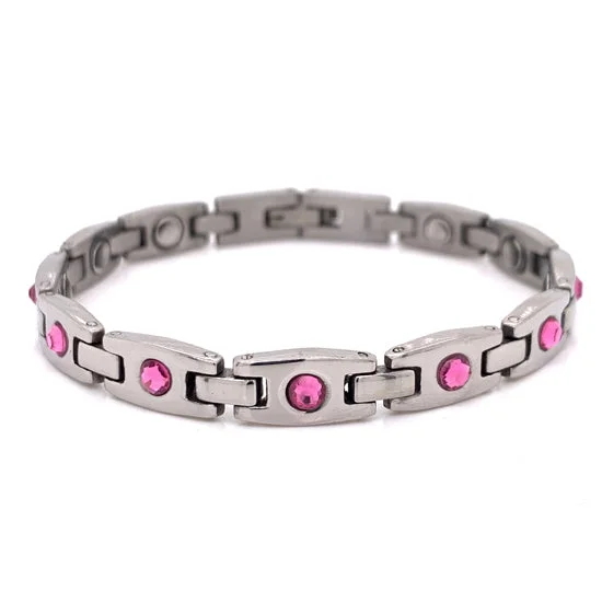 Ladies bracelets with pink sapphire -Stainless Steel Pink CZ Breast Cancer Awareness Magnetic Bracelet / MBL025