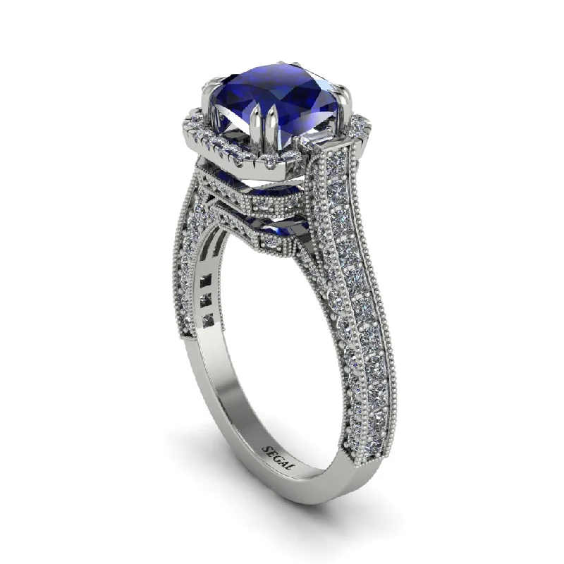 engagement-white-gold-eternity-ring-Sapphire Three Halo Milgrain Engagement Ring - Mira No. 15