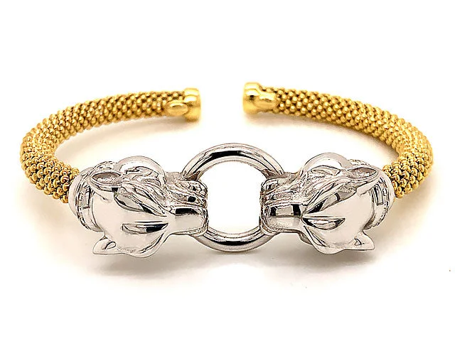 Ladies bracelets for promise rings -Double Jaguar Head 2 Toned Flexible Cuff Bracelet in 14k White and Yellow Gold