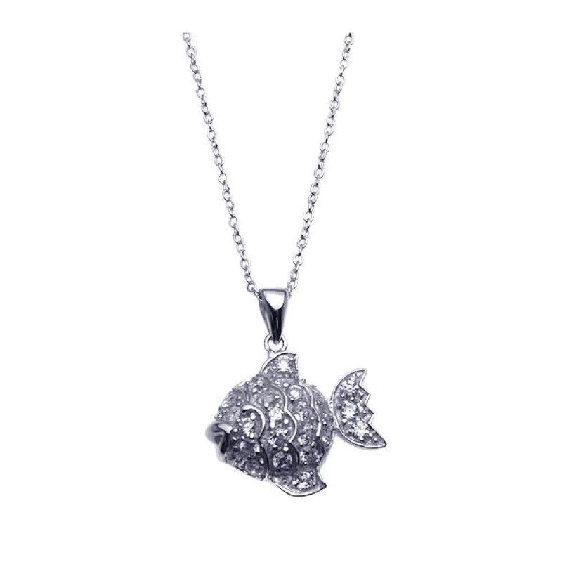 Ladies necklaces with planet pendants -Silver 925 Rhodium Plated Clear CZ Fish Pendant Necklace