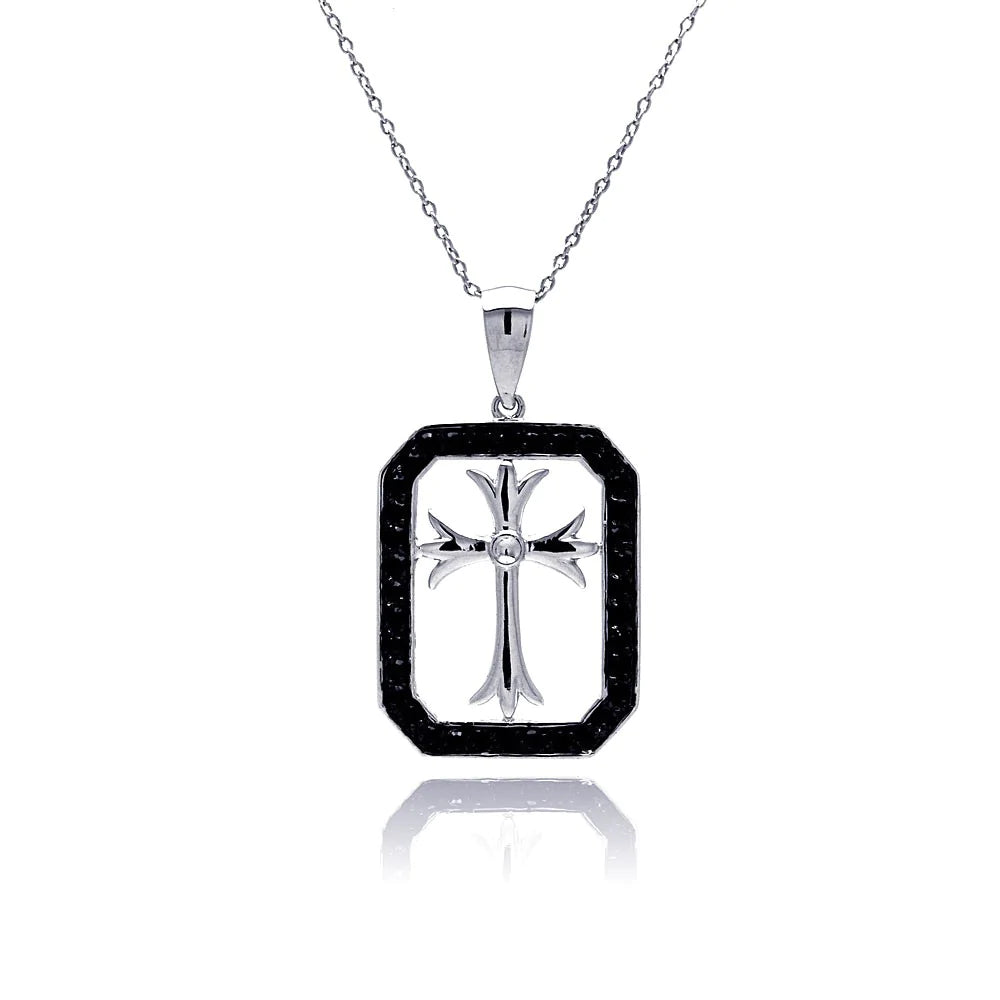 Ladies necklaces for book clubs -Silver 925 Rhodium and Black Rhodium Plated Black CZ Cross Necklace