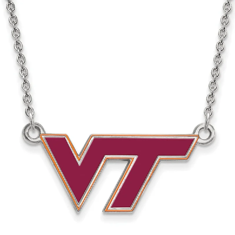 Ladies necklaces fancy strands -Sterling Silver Virginia Tech Small Enamel Pendant Necklace