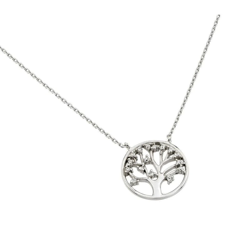 Ladies necklaces for retreats -Silver 925 Rhodium Plated Clear CZ Round Tree PendantNecklace