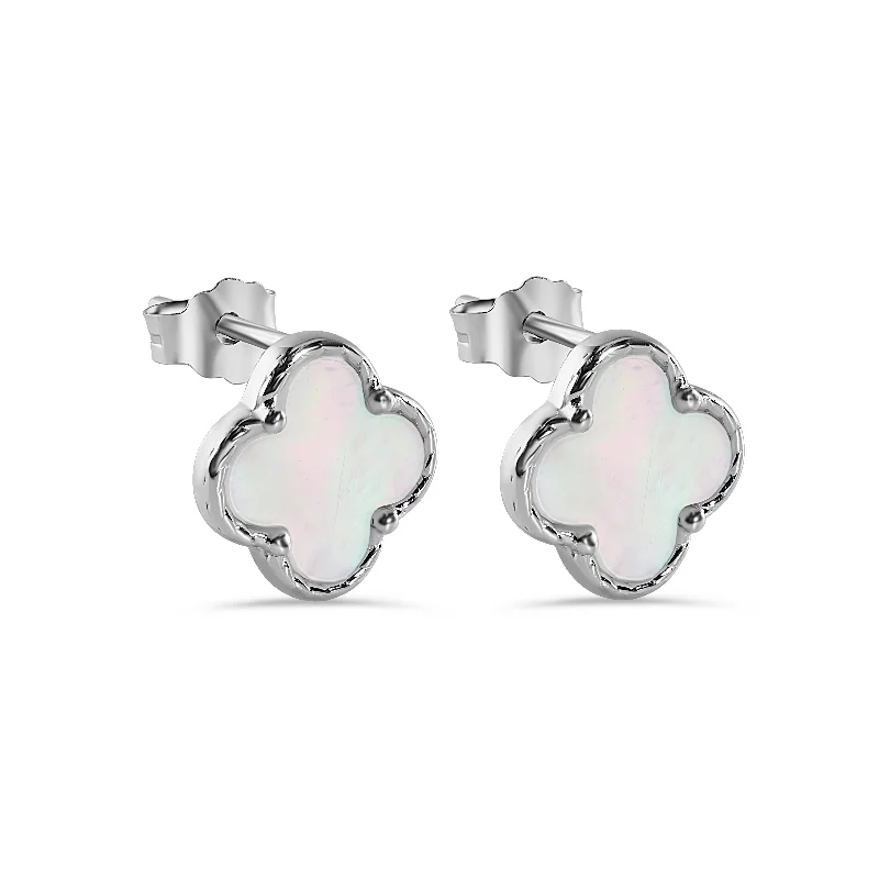 ladies-modern-gold-earrings-Rhodium Plated 925 Sterling Silver Syntethic Pearl Four Leaf Clover 8.2mm Stud Earring - STE01378-WHT