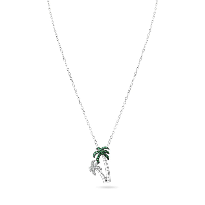 Ladies necklaces for outings -Silver 925 Rhodium Plated Green and Clear Two Palm Tree Pendant Necklace