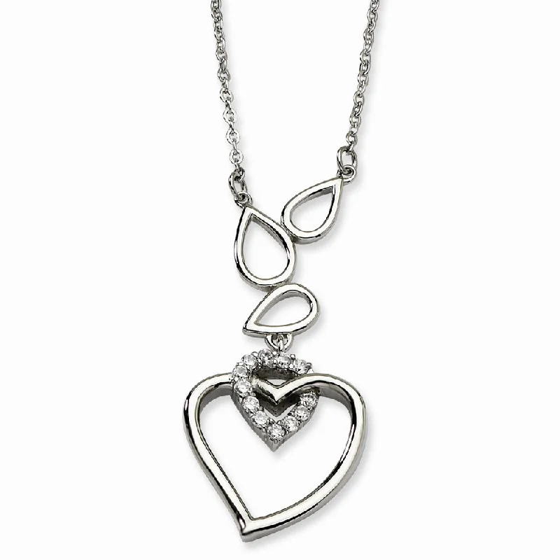 Ladies necklaces eco-friendly materials -Stainless Steel Teardrops and Heart Adjustable Necklace with CZ - 18in