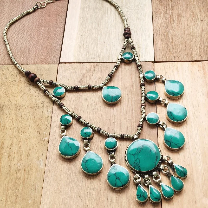 Ladies necklaces for coworkers -Two tier tribal green stone boho necklace