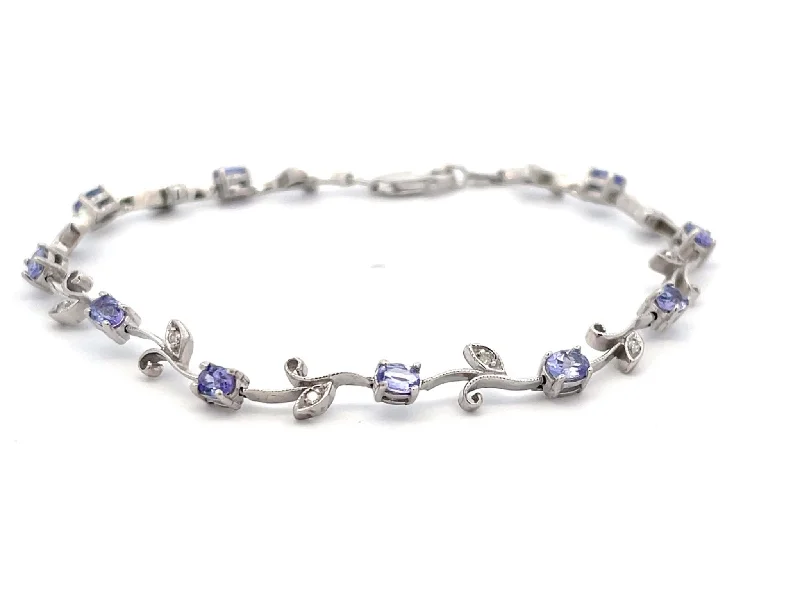 Ladies bracelets for social media pros -Tanzanite Diamond Leaf Bracelet in 14k White Gold