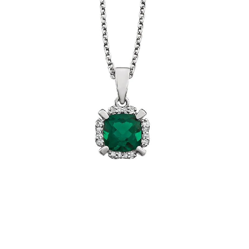 Ladies necklaces simple chains -Cushion Created Emerald & Diamond Necklace in 14k White Gold, 18 Inch