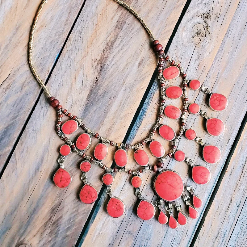 Ladies necklaces intricate designs -Tribal red stone boho necklace