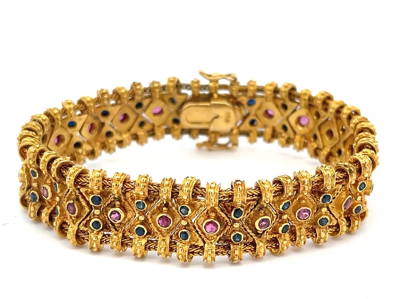 Ladies bracelets with flipper charms -Vintage Egyptian Ruby Sapphire Wide Quilted Link Bracelet in 18k Yellow Gold