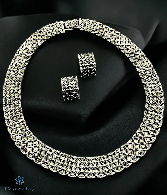 ladies-unique-diamond-earrings-The Showstopper Silver Marcasite Necklace & Earrings