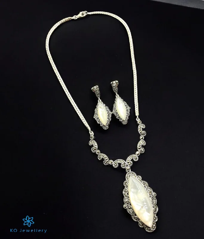 ladies-crystal-drop-earrings-The Madana Silver Marcasite Necklace & Earrings