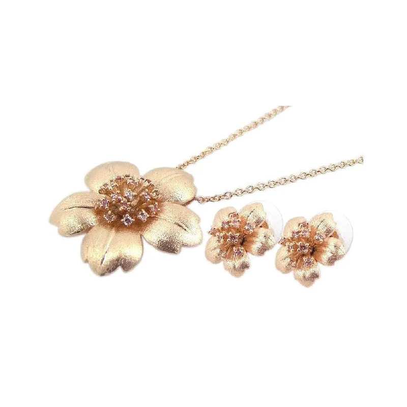 ladies-luxury-gold-earrings-Clearance-Silver 925 Gold Plated Flower Pink CZ Stud Earring and Necklace Set - BGS00059