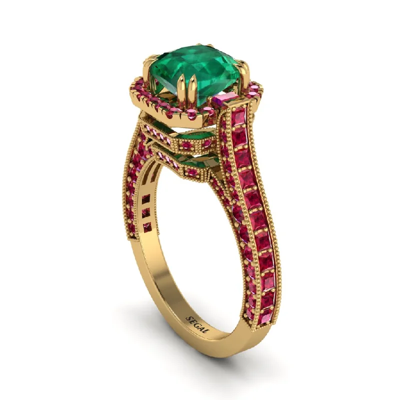 engagement-custom-gold-ring-Emerald Three Halo Milgrain Engagement Ring - Mira No. 49