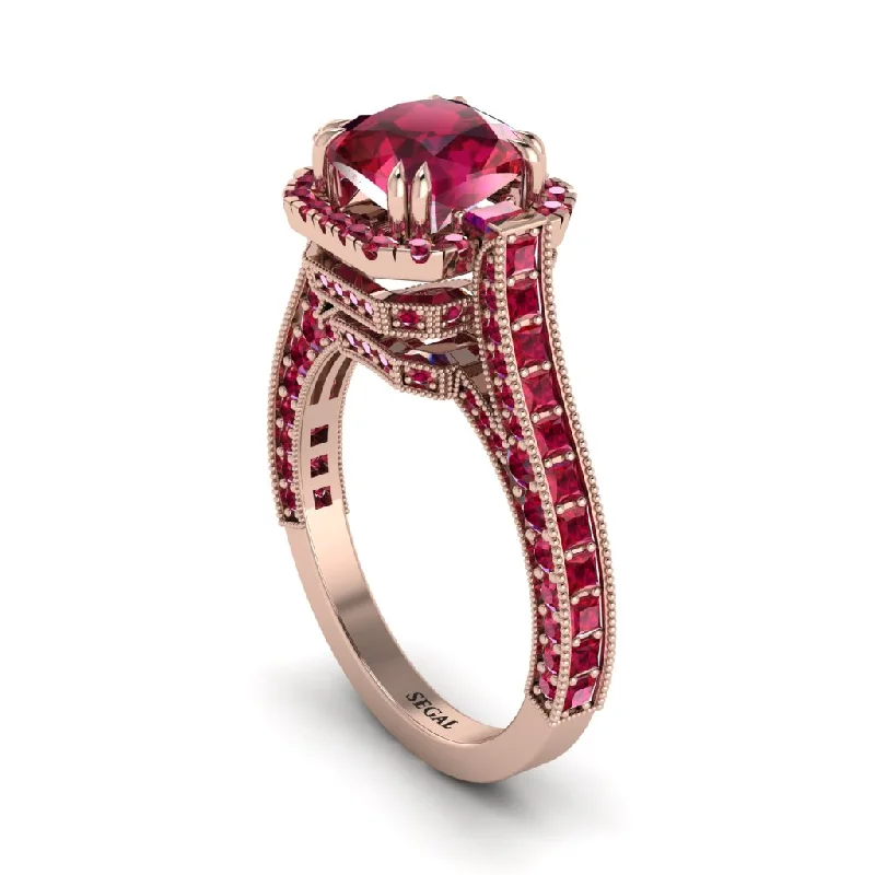 engagement-cushion-cut-silver-ring-Ruby Three Halo Milgrain Engagement Ring - Mira No. 56