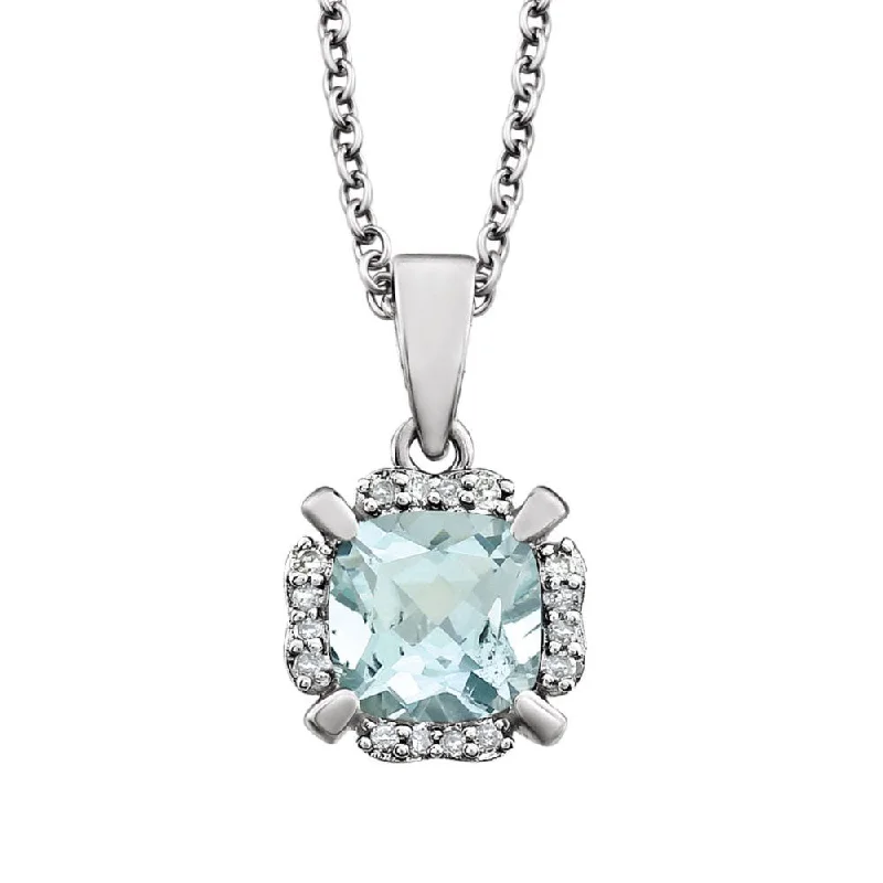 Ladies necklaces dainty chains -Cushion Aquamarine & Diamond Necklace in 14k White Gold, 18 Inch