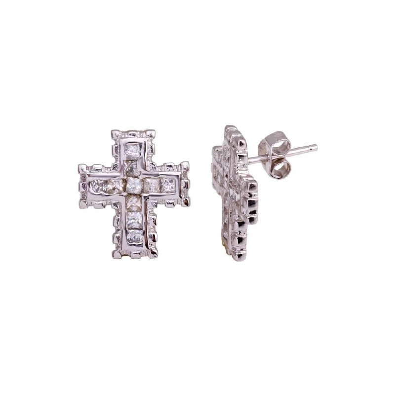 ladies-moon-rose-gold-earrings-Rhodium Plated 925 Sterling Silver Cross Clear CZ Stud Earring - STEM022