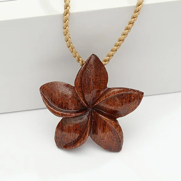 Ladies necklaces stylish strands -Koa Wood Plumeria Necklace 40mm Brown Cord