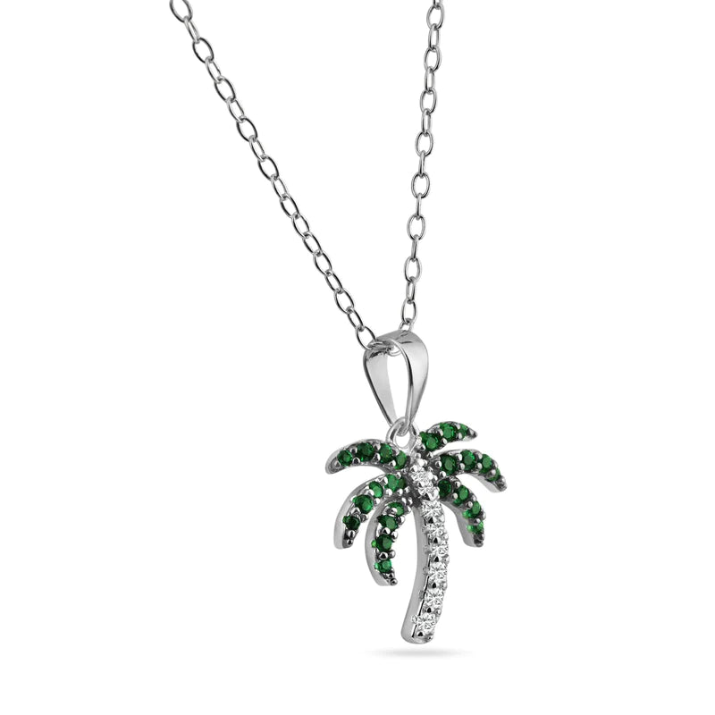 Ladies necklaces with angel pendants -Silver 925 Rhodium Plated Green and Clear Palm Tree Pendant Necklace