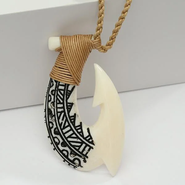 Ladies necklaces chic chains -29x52mm Buffalo Bone Fish Hook Necklace w/Black Enamel Carving