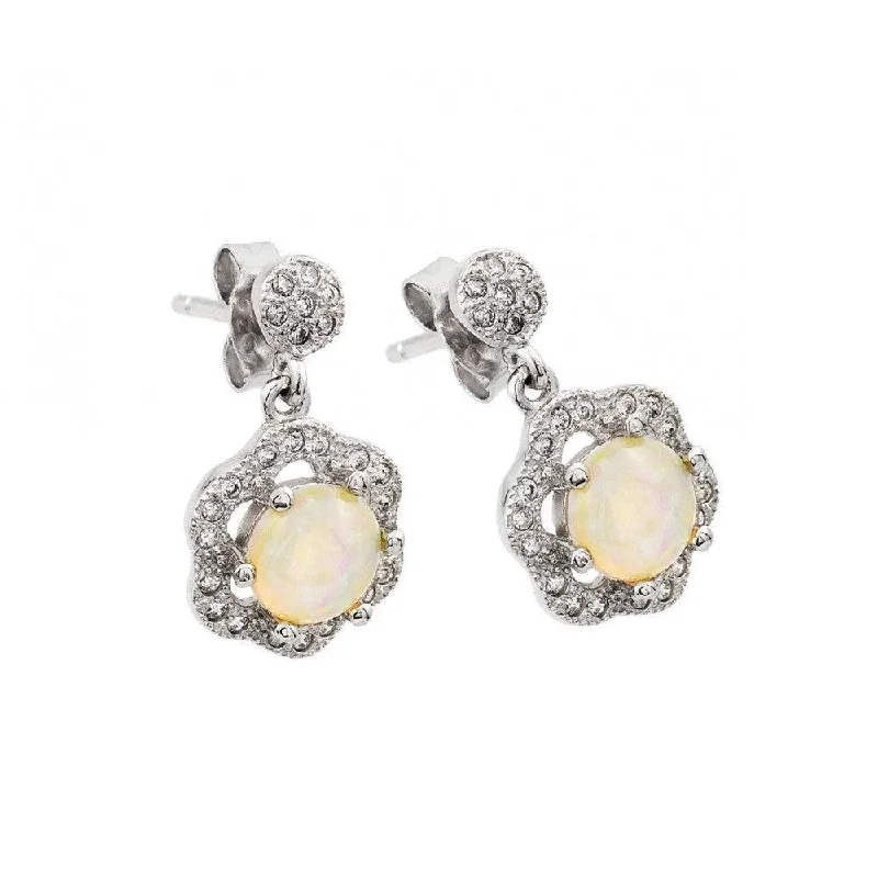 ladies-trendy-crystal-earrings-Silver 925 Rhodium Plated Round Flower CZ Pearl Dangling Stud Earrings - STE00942