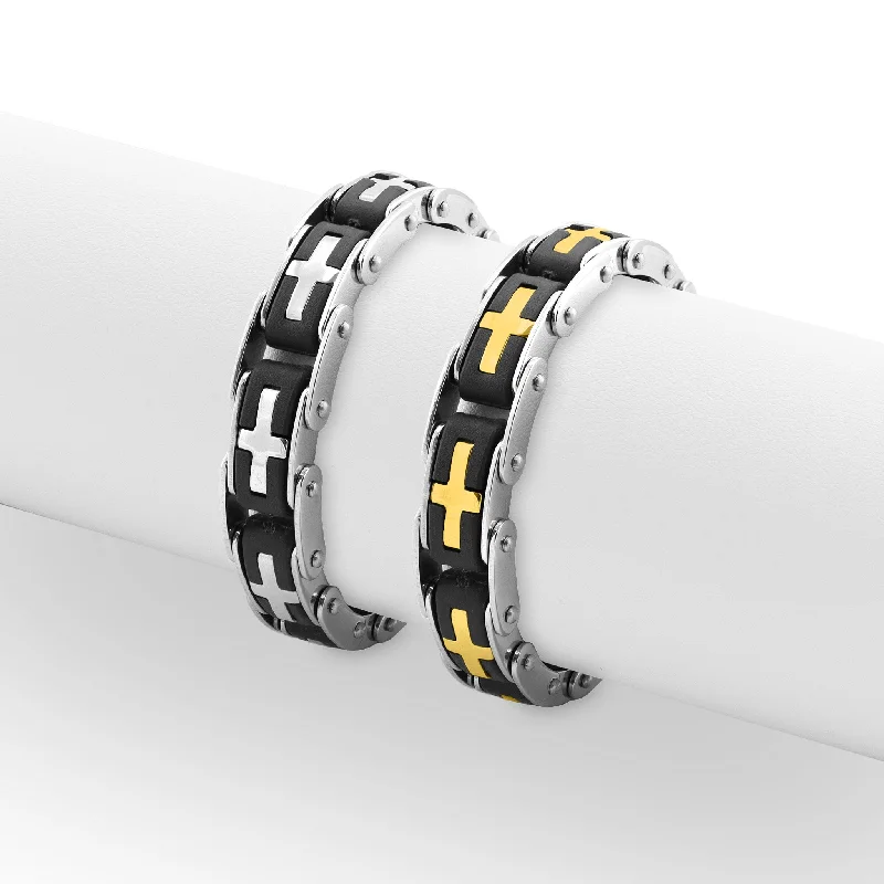 Ladies bracelets for weekend brunches -18K Gold PVD Stainless Steel Cross Bike Chain Bracelet / BRJ2376