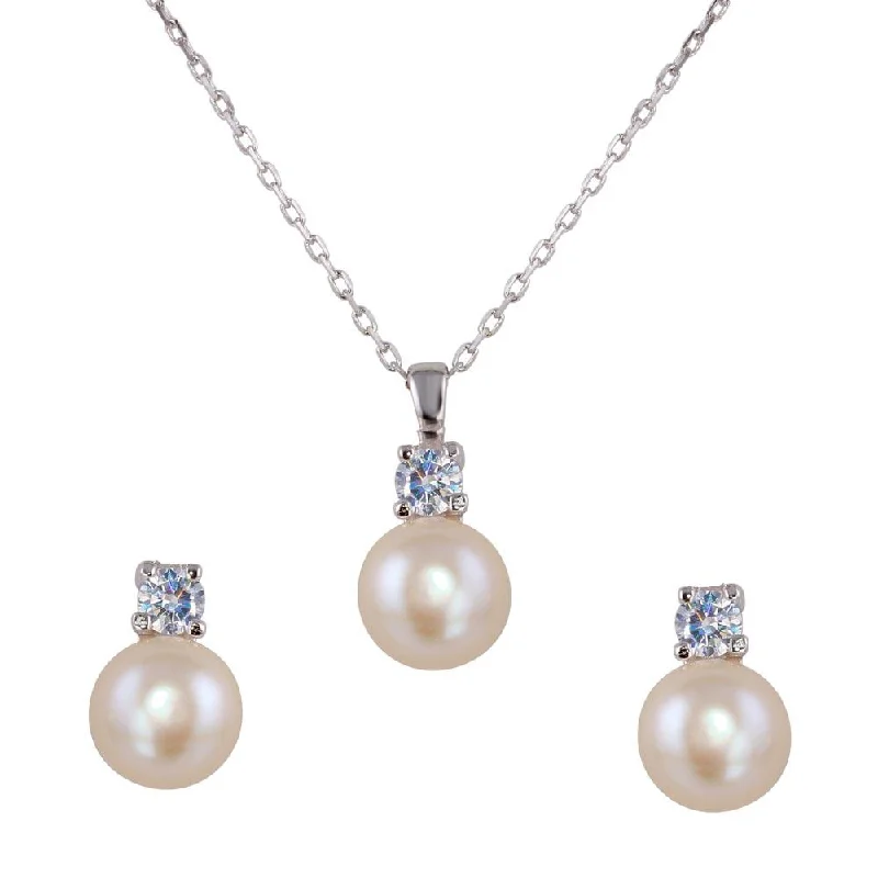 ladies-minimalist-chandelier-earrings-Rhodium Plated 925 Sterling Silver Synthetic Pearl Earring and Necklace Set with CZ - BGS00530