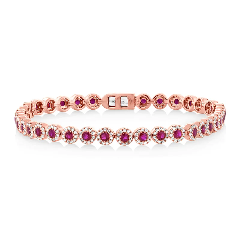 Ladies bracelets for holiday parties -14K Rose Gold Ruby and Diamond Tennis Bracelet