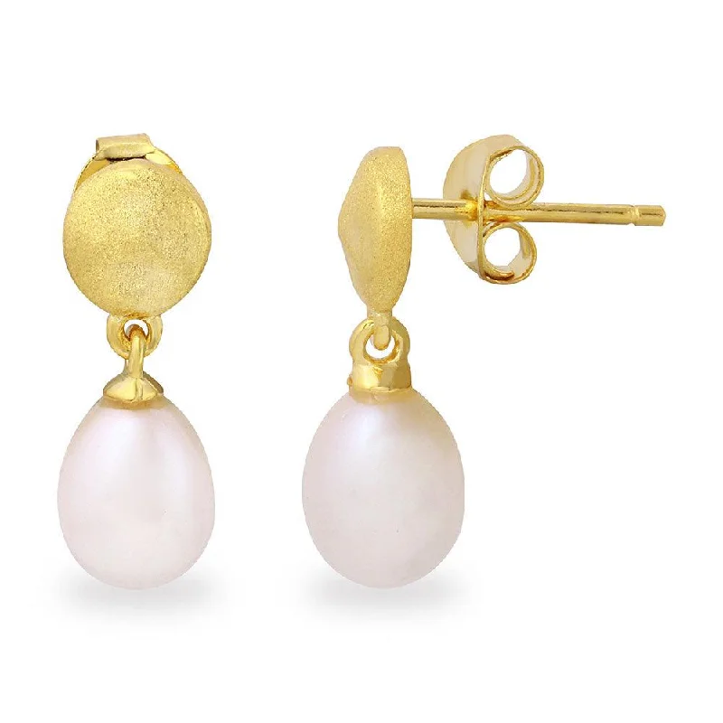 ladies-bridal-silver-earrings-Silver 925 Matte Finish Gold Plated Disc with Hanging Fresh Water Pearl Earrings - BGE00483