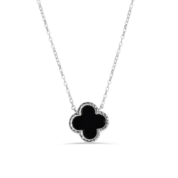 Ladies necklaces for meetups -Rhodium Plated 925 Sterling Silver Black Enamel Four Leaf Clover Adjustable Necklace