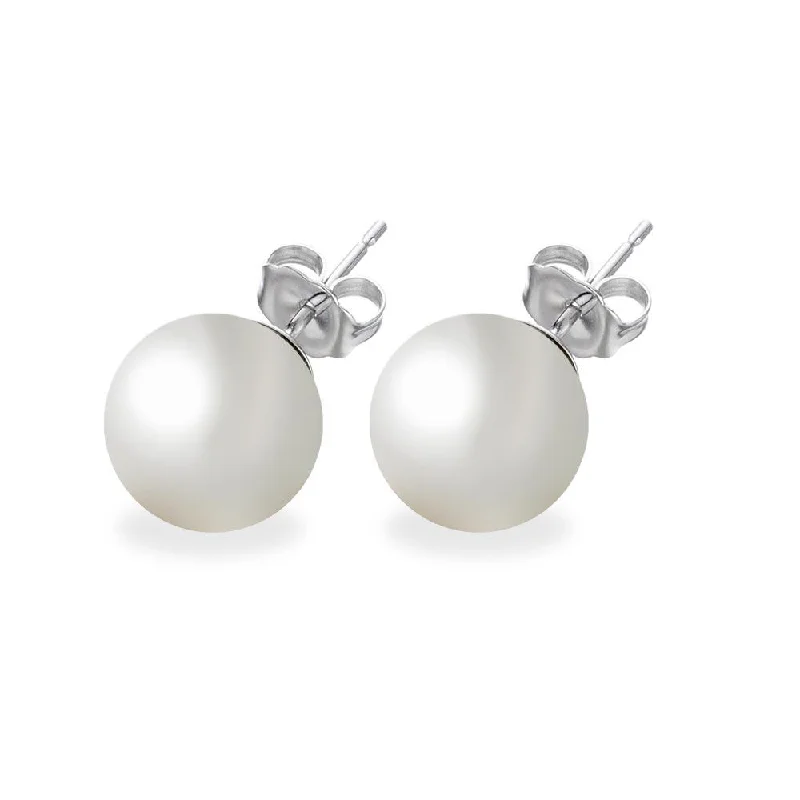 ladies-pearl-drop-earrings-Silver 925 Rhodium Plated White Pearl CZ Stud Earrings - STE00639WHT