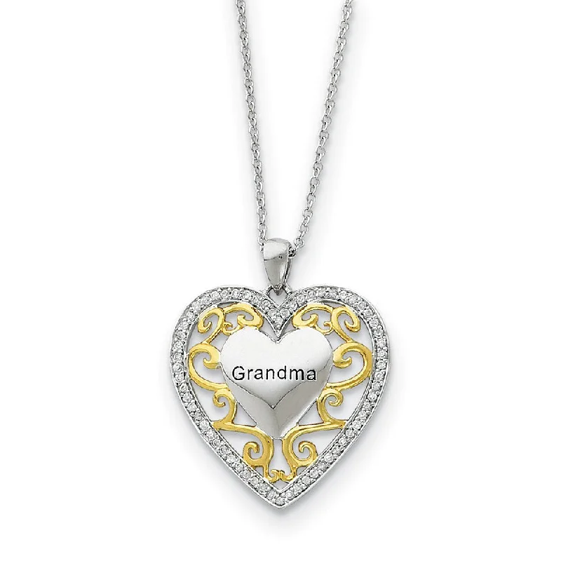 Ladies necklaces oversized look -Rhodium & Gold Tone Plated Silver & CZ Grandma Heart Necklace, 18 Inch